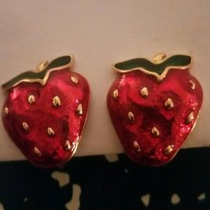 Vintage Strawberry and Gold Clip On Earrings